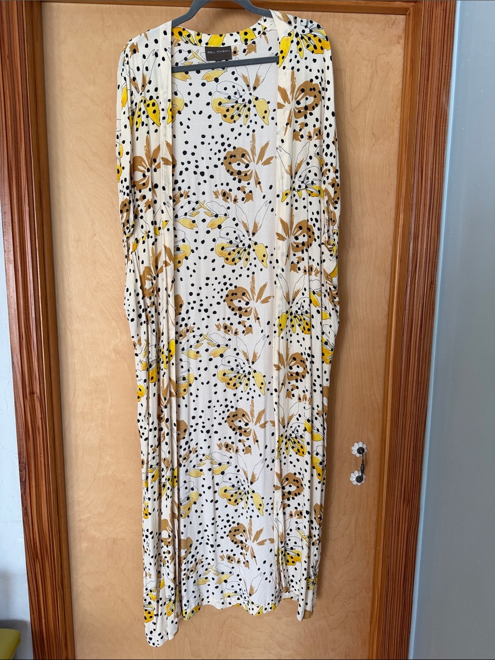 Floral Dotted Open-Front Duster in off White, Yellow & Brown